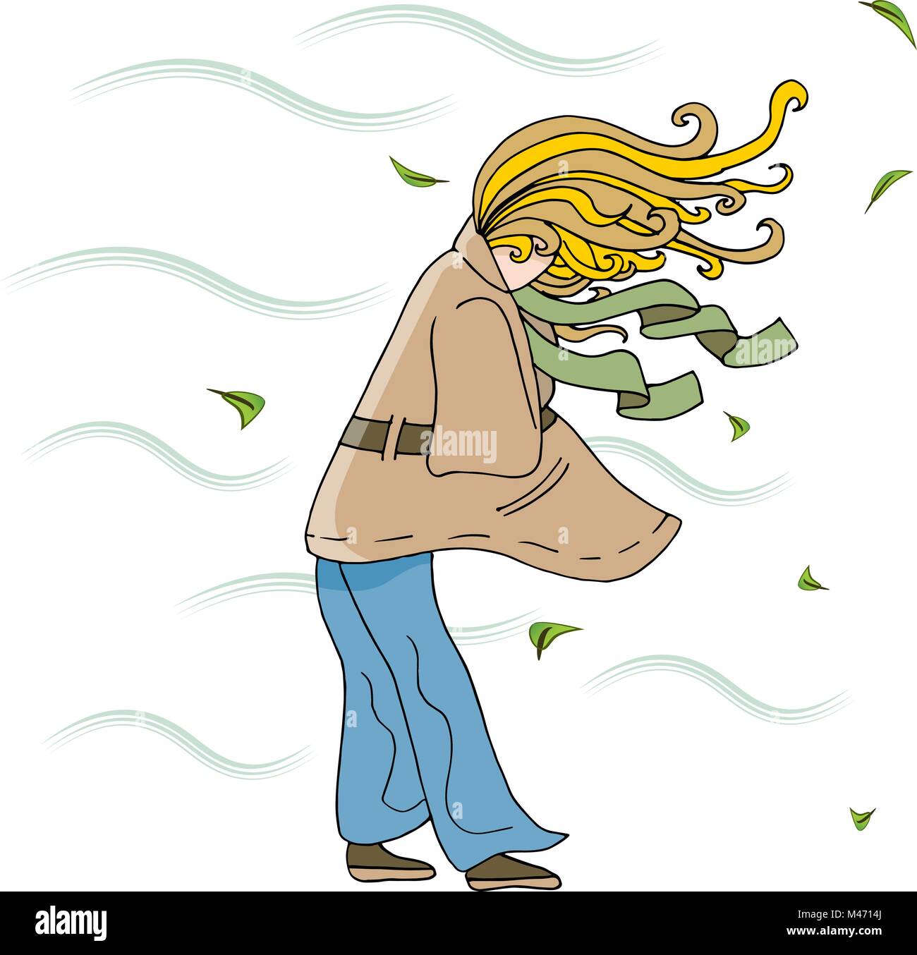 Ein Bild von einer Frau zu Fuß außerhalb an einem windigen Tag Cartoon. Stock Vektor