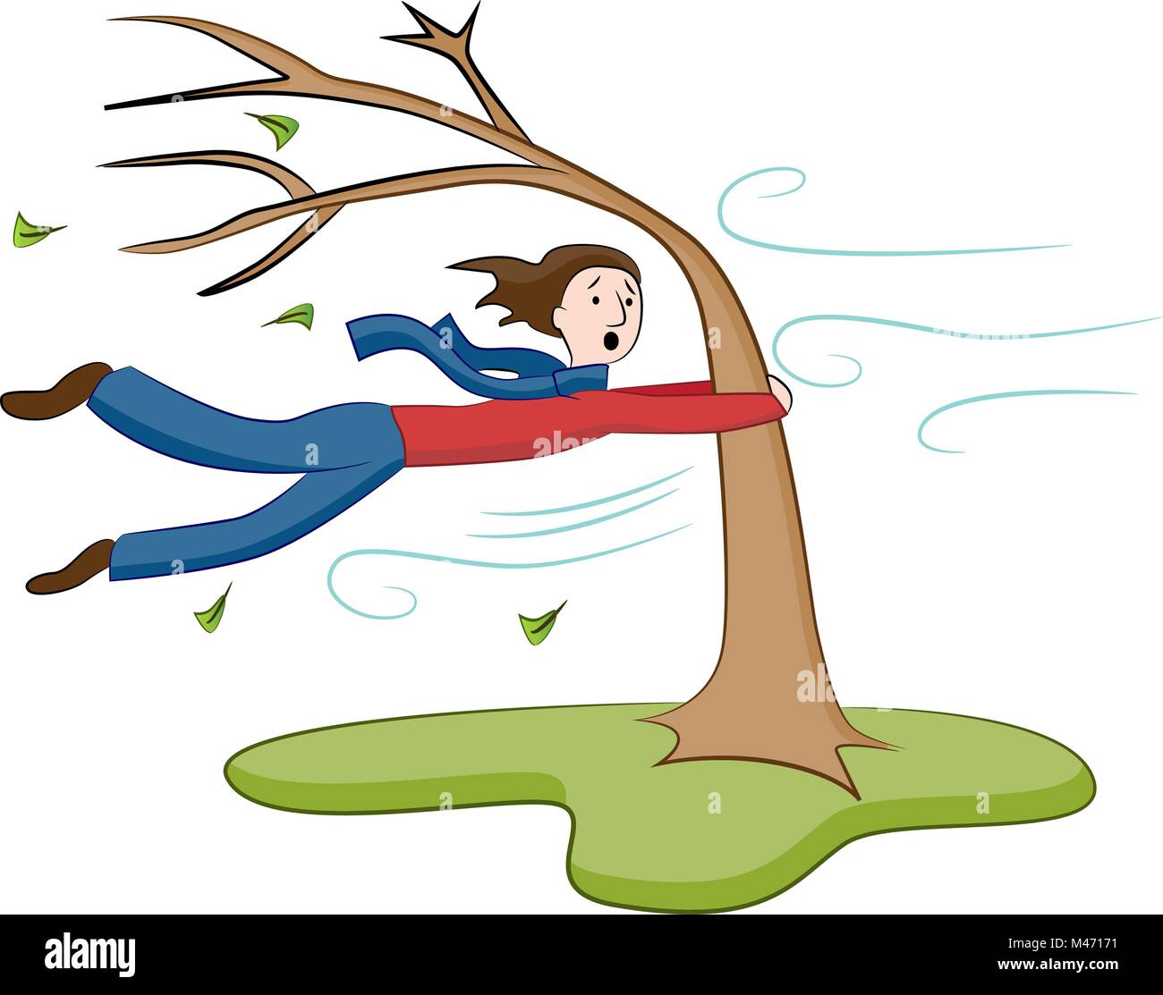 Ein Bild von einem Mann Festhalten am Baum auf windigen Tag. Stock Vektor