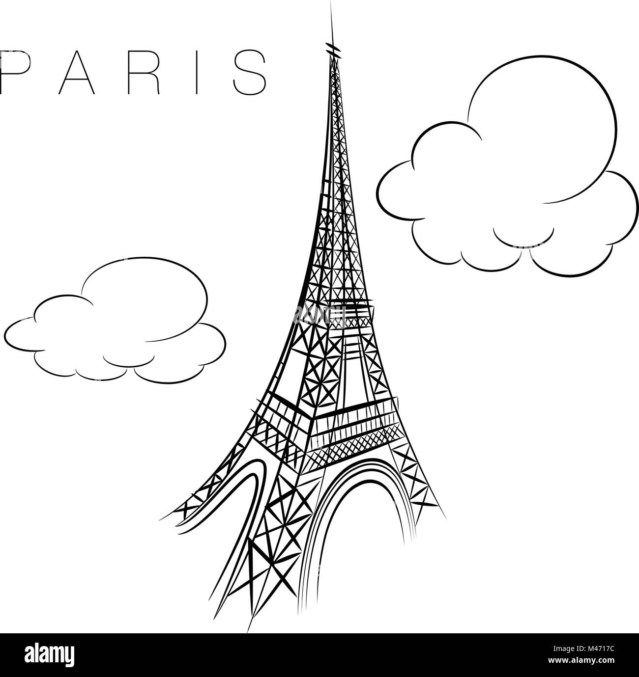 Ein Bild von einem Paris Eiffel Tower Symbol drei Viertel Ansicht mit Wolken und Text. Stock Vektor