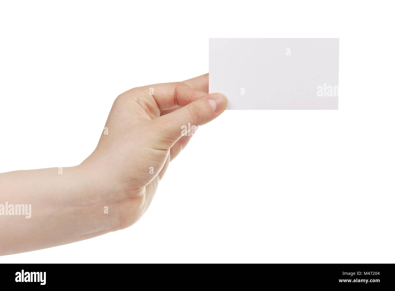 junge weibliche Rechte Hand halten leere weiße Papier-Karte Stockfoto