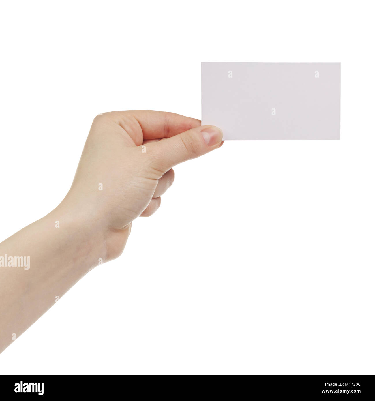 junge weibliche Rechte Hand halten leere weiße Papier-Karte Stockfoto