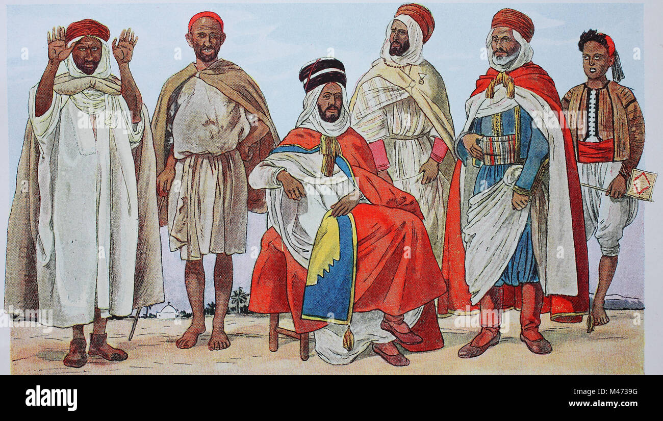 Bekleidung, Mode in Algerien, Algier, um das 19. Jahrhundert, von links,  eine Arabische vom Land, ein Kabyle berberischer Herkunft, ein Scheich  arabischer Abstammung, einem arabischen Scheich aus dem Innenraum, ein  Spahi, ist