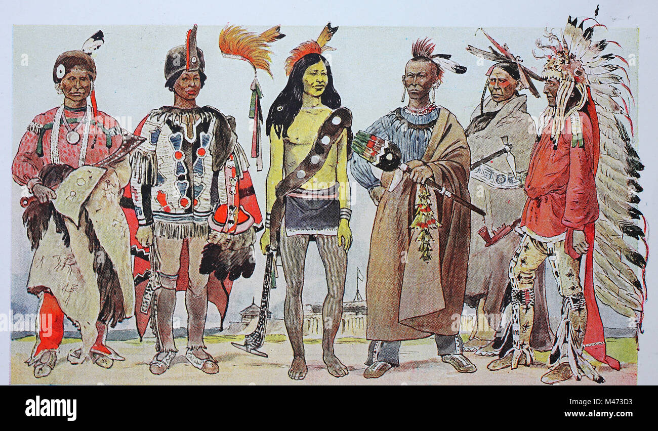 Bekleidung, Mode in Nordamerika, Inder, von links, eine Iowa Chief mit  einem Biber Kappe und Feder, dann ein Chef der Saki, dann eine junge Sioux,  dann ein Inder in weißen Tüchern, dann