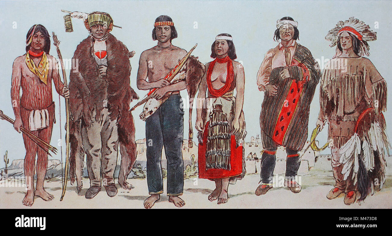 Bekleidung, Mode in Nordamerika, Inder, von links, Inder aus der Yuma Stamm von Colorado, Chief eines Apache Stamm von Arizona, Mann und Frau von nordamerikanischen Indianern, dann ein Arizona Pueblo Indianer und ein Chef der Lipans in einem Tanz Kostüm, digital verbesserte Reproduktion aus einem Original aus dem Jahr 1900 Stockfoto