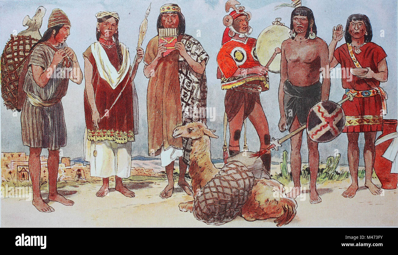 Bekleidung, Mode in Südamerika, der Inka in Peru in den 15.-16. Jahrhundert, von links, ein Ladungsträger mit Korb, eine Frau mit einer Hand Spindel, ein Lama Fahrer mit Pfeife Flöte und ein Lama, ein Krieger mit Gong oder Tamburin, eine feindliche Indischen der primitiven Kultur und ein Aufopferungsvoller Priester, digitale Reproduktion aus einem Original aus dem Jahr 1900 verbessert Stockfoto