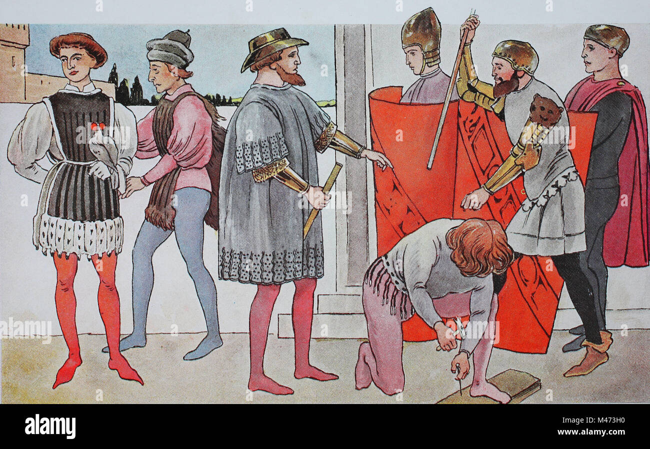 Bekleidung, Mode in Italien, der frühen Renaissance 1425-1480, von links, zwei falkner in verschiedene Kleidung, ein Offizier in einer Tunika und einer Gruppe von Kriegern, digital verbesserte Reproduktion aus einem Original aus dem Jahr 1900 Stockfoto