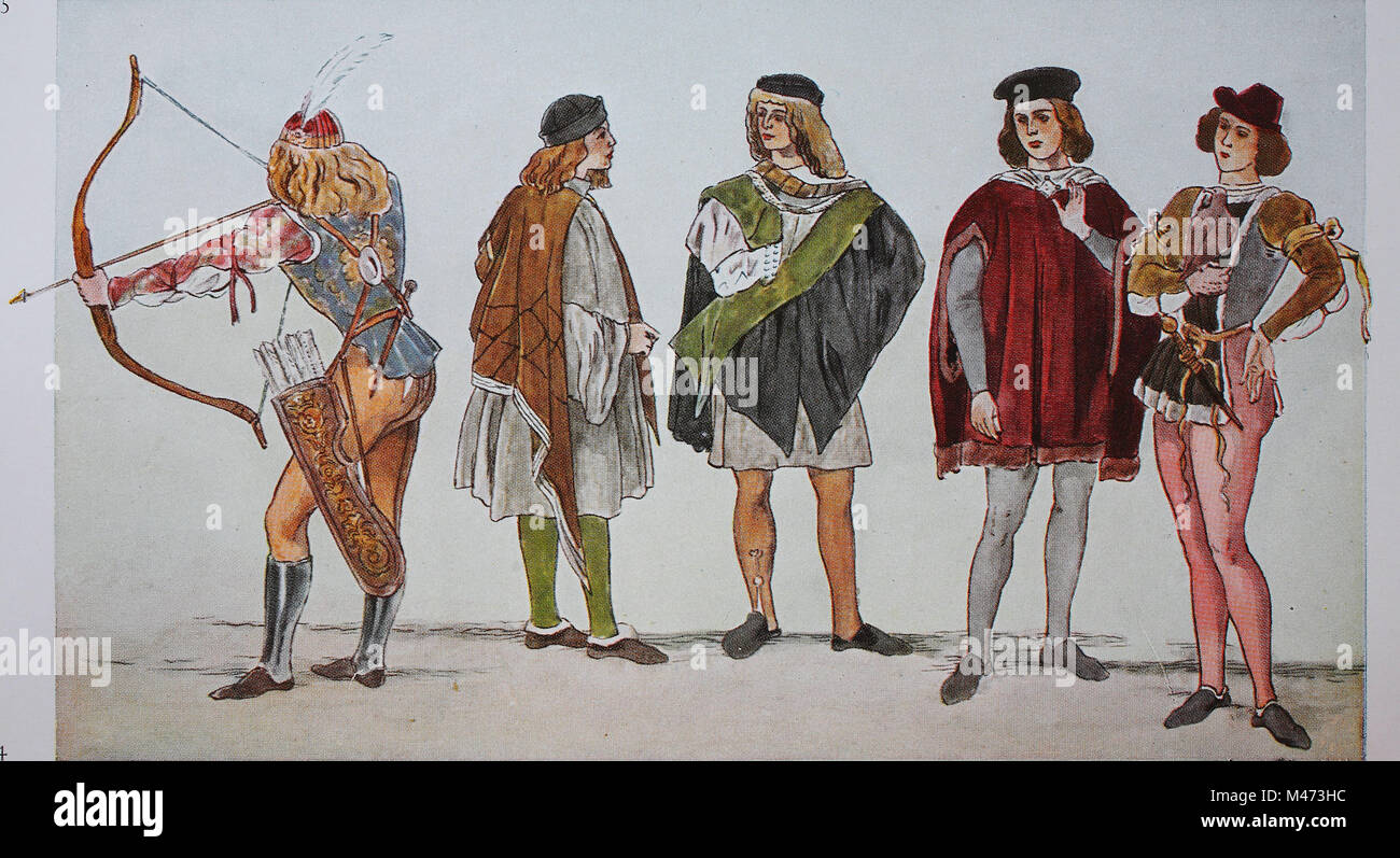 Bekleidung, Mode in Italien, der frühen Renaissance von 1480-1495, von links, ein Bogenschütze und jungen Venezianer in verschiedene Kleidung, digital verbesserte Reproduktion aus einem Original aus dem Jahr 1900 Stockfoto