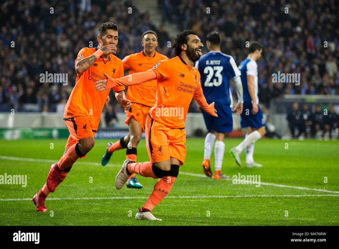Porto Portugal 14 Februar 2018 Fc Liverpool Spieler Mohamed Salah Celebates Das Zweite Ziel Wahrend Der Uefa Champions League Runde 16 Erste Etappe 2017 18 Match Zwischen Dem Fc Porto Und Der Fc