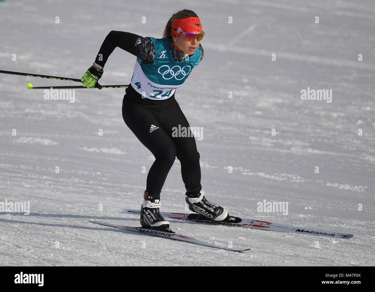 Sandra Ringwald in Aktion während der Frauen 10 km freestyle Langlauf bei den Olympischen Winterspielen 2018 in der alpensia Langlaufzentrum in Pyeongchang, Südkorea, 15. Februar 2018. Foto: Hendrik Schmidt/dpa-Zentralbild/dpa Stockfoto