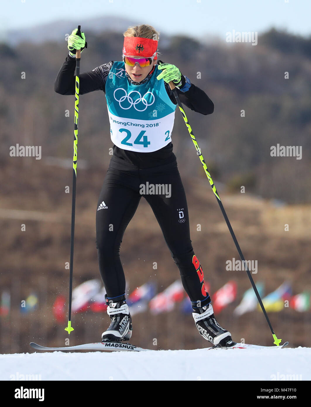 Sandra Ringwald aus Deutschland in Aktion während der Frauen 10 km freestyle Langlauf bei den Olympischen Winterspielen 2018 in der alpensia Langlaufzentrum in Pyeongchang, Südkorea, 15. Februar 2018. Ringwald, Nummer 26. Foto: Daniel Karmann/dpa Stockfoto