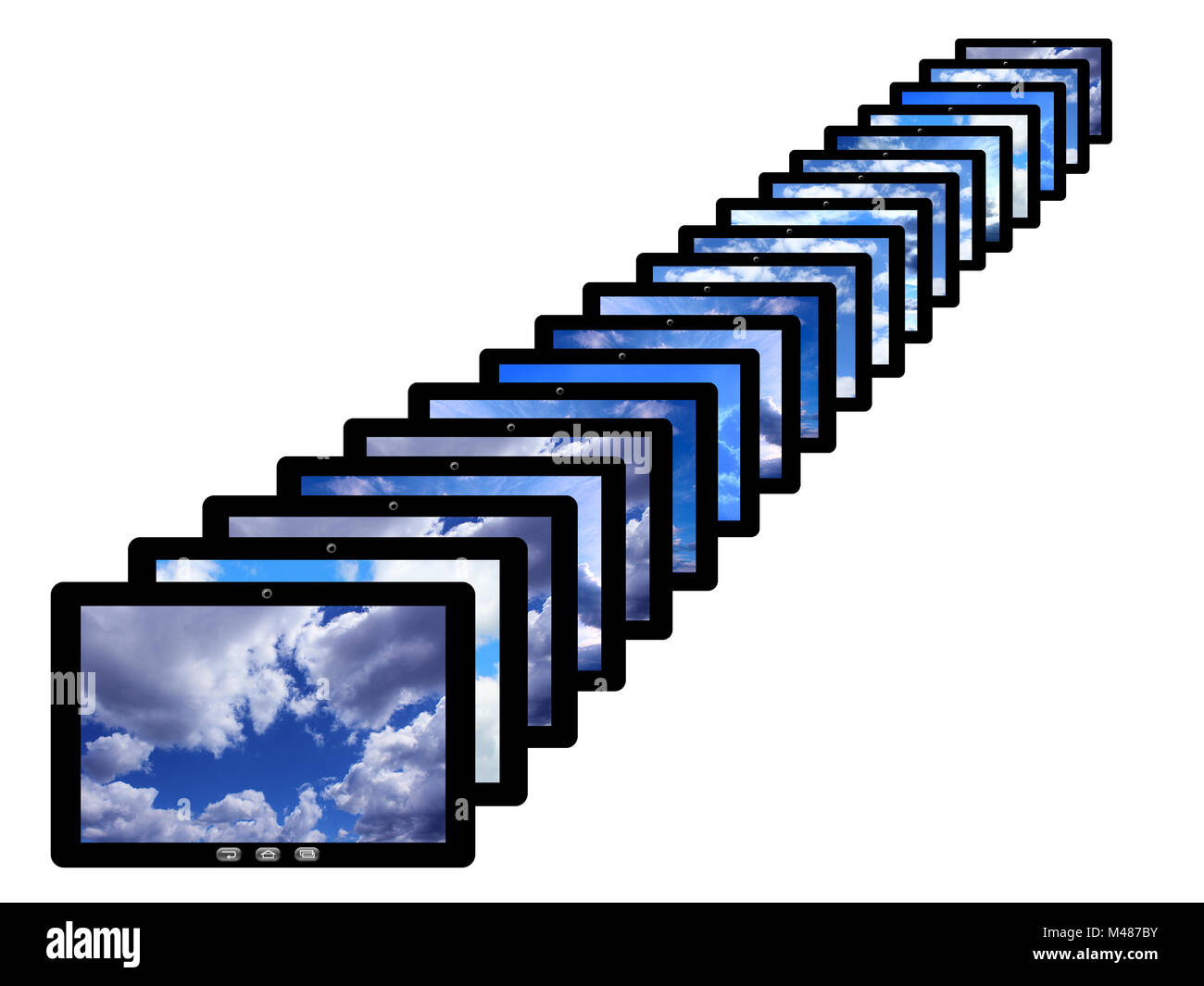 Tabletten in Zeile mit verschiedenen Bildern der Himmel isoliert Stockfoto