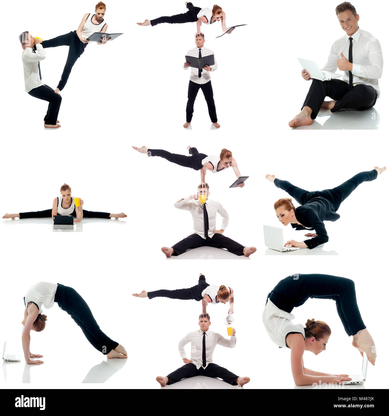 Multitasking. Satz von Akrobaten beim Yoga im studio Stockfoto