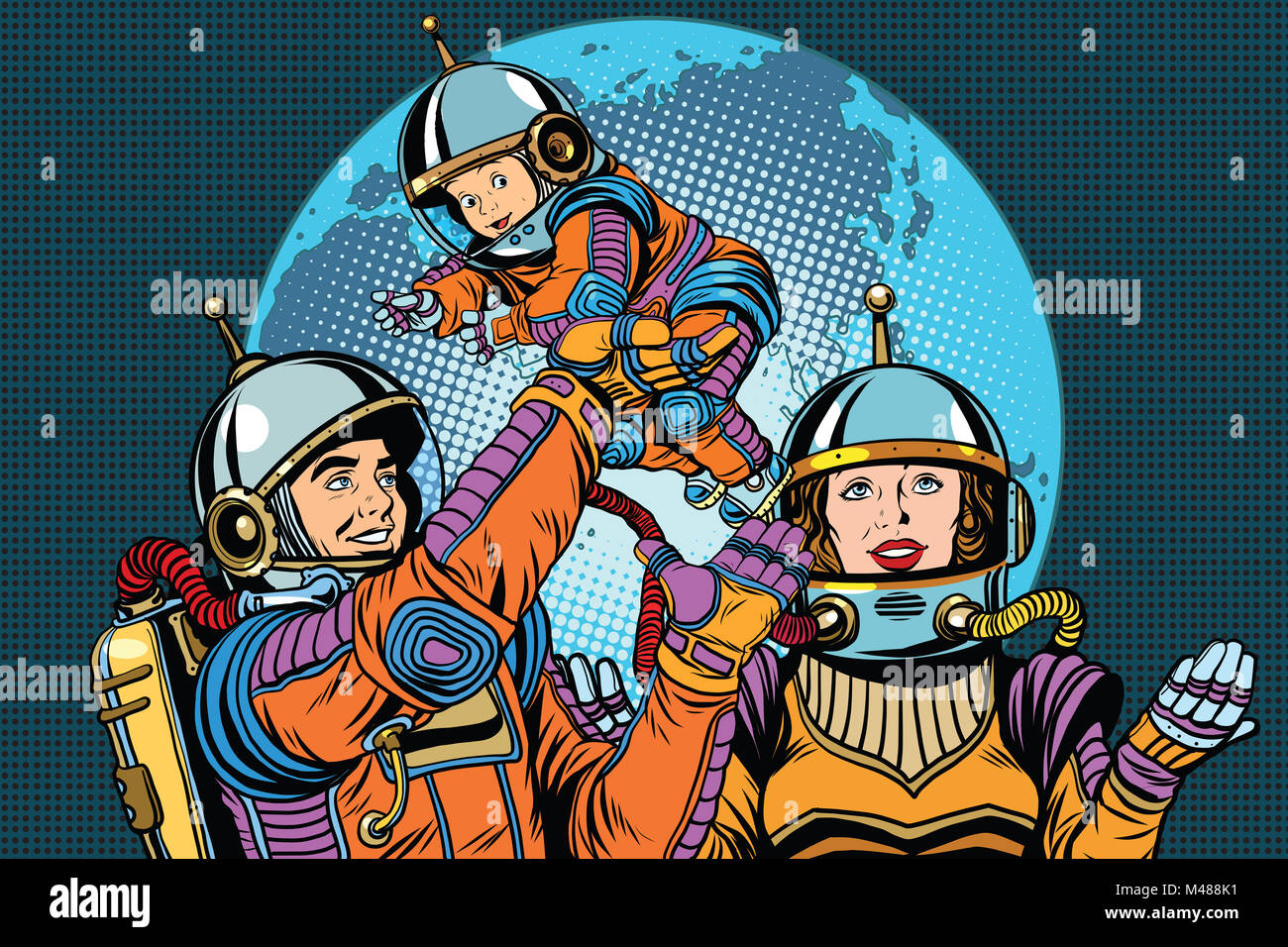 Retro-Astronauten Familie Vater Mutter und Kind Stockfoto