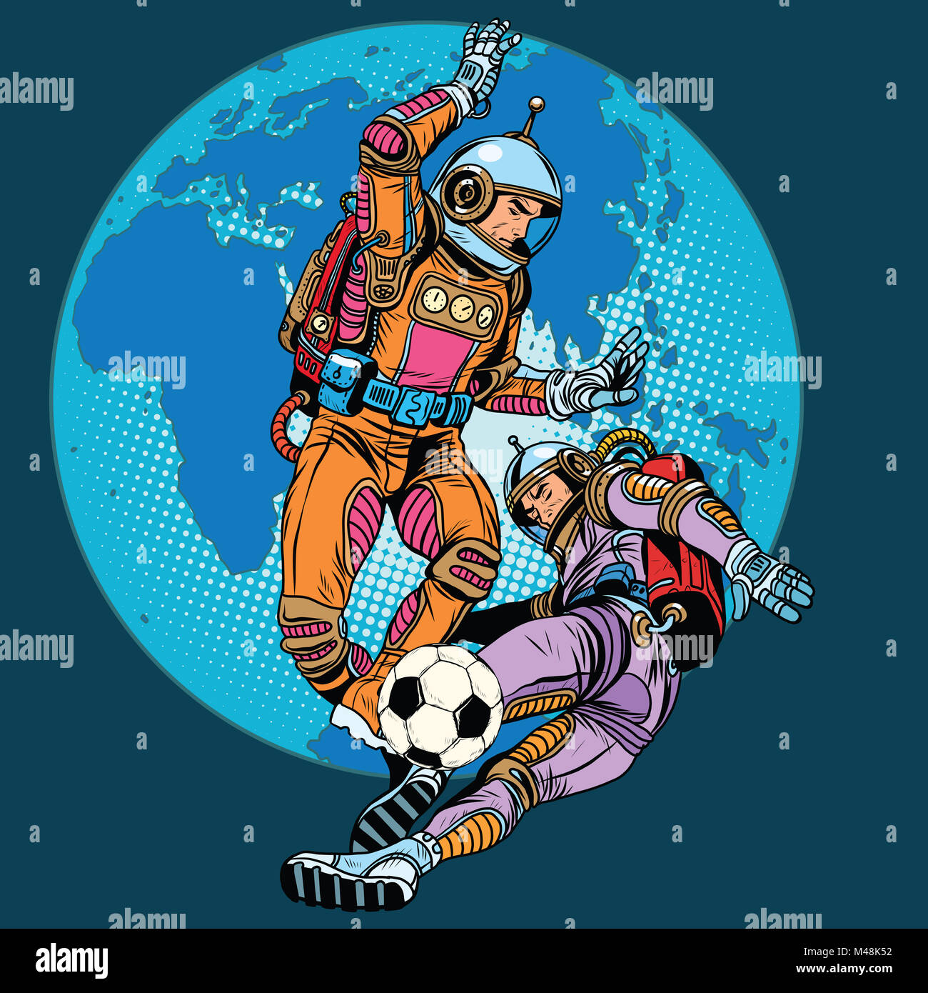 Fußball match Astronauten play Stockfoto