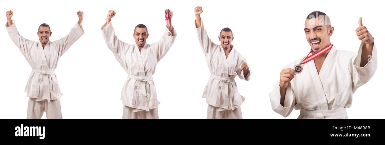 Collage von Karate Spieler im Kimono isoliert auf weiss Stockfoto