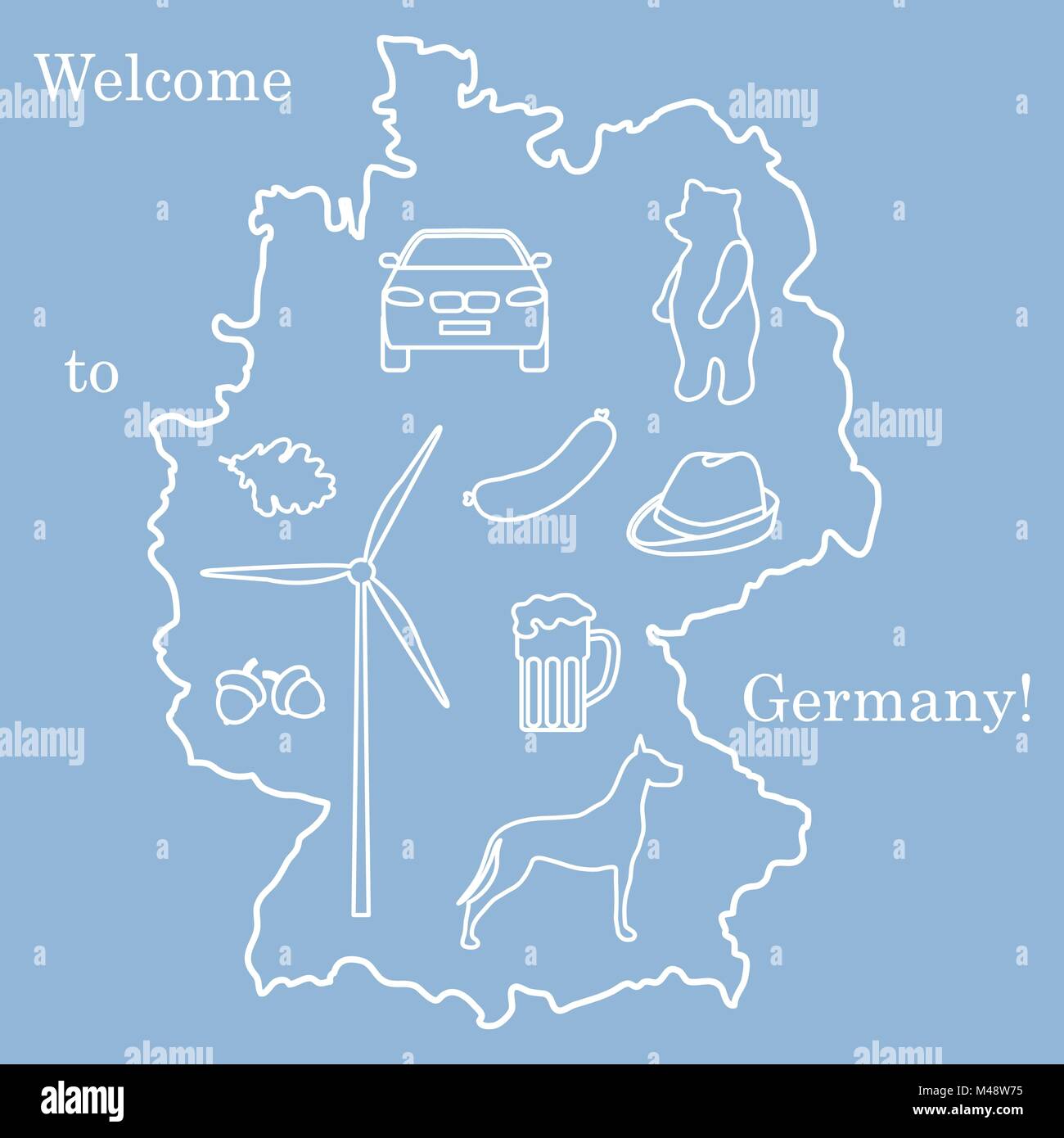 Vector Illustration mit verschiedenen Symbolen in Deutschland. Reisen und Freizeit. Design für Banner, Poster oder Drucken. Stock Vektor