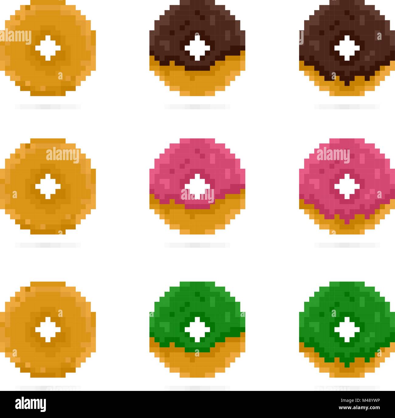 Vektor farbige Donuts in Pixel Art Style eingestellt. Rosa, Grün und Braun Donut. Nachtisch und Süßigkeiten 8 bit Icon Stock Vektor