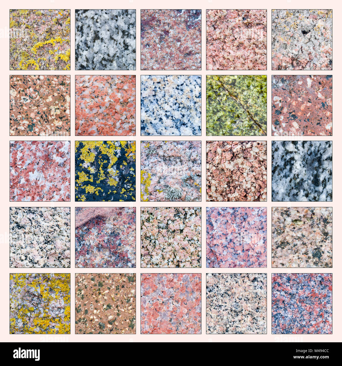 Composite Foto, Vielfalt der Farbe und Muster in Proben aus Granit Stockfoto