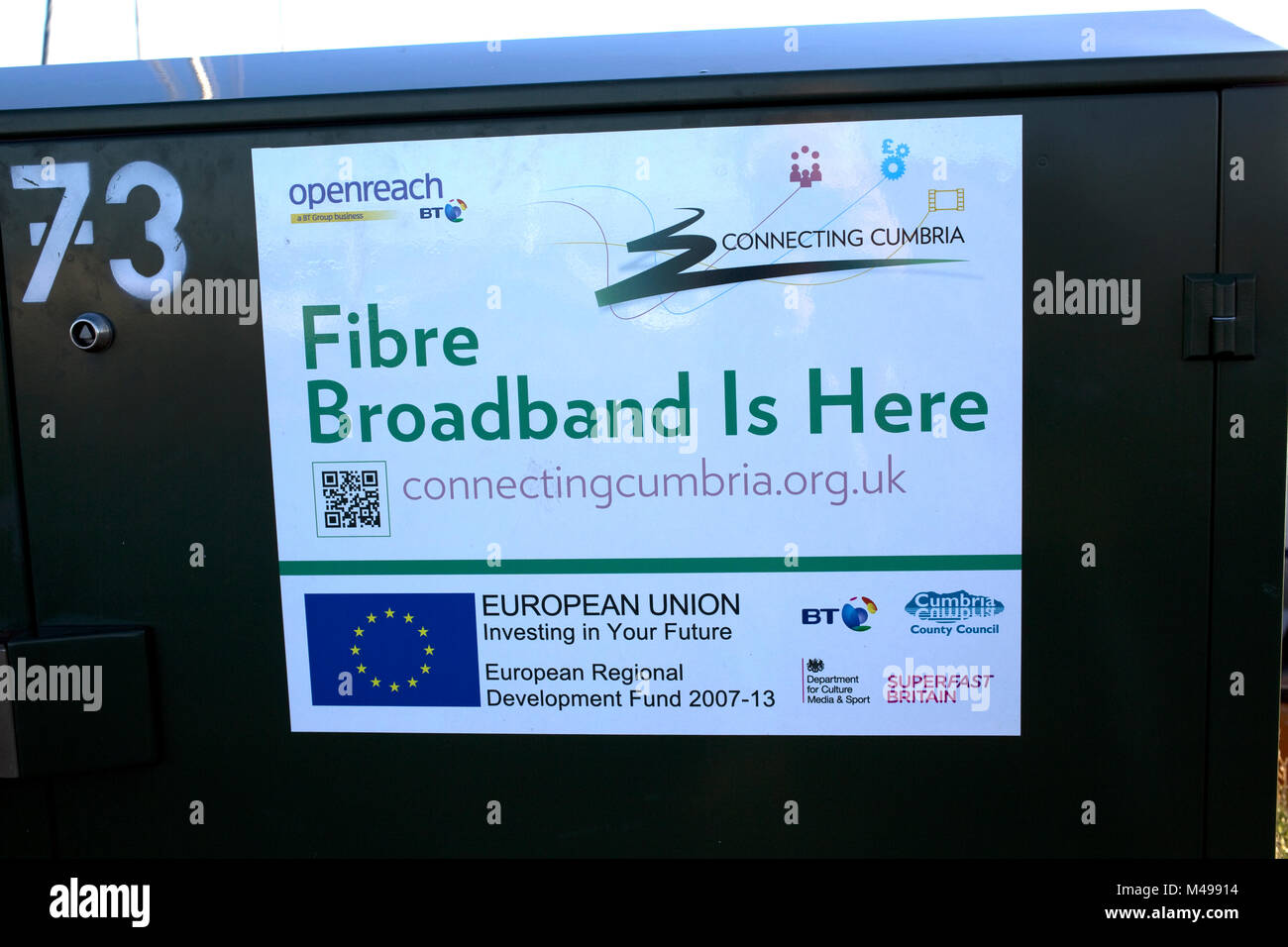 Glasfaser Breitband ist hier Openreach BT Anschluss Cumbria GROSSBRITANNIEN Stockfoto