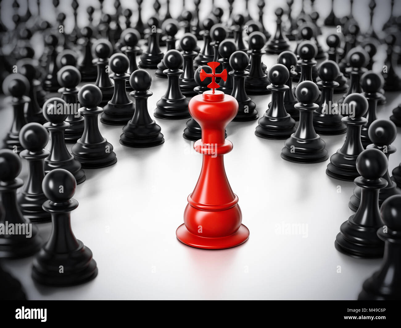Rot chess König Stehend unter weißen Bauern. 3D-Darstellung. Stockfoto