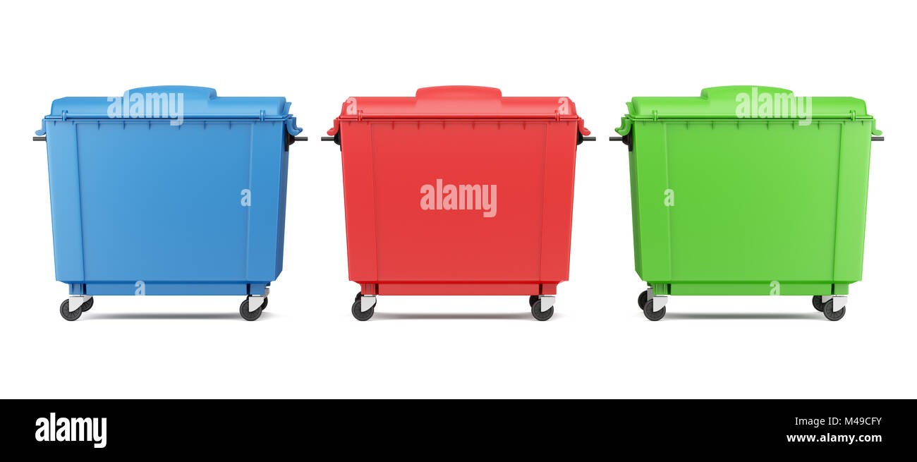 drei Farben Müllcontainer isoliert auf weißem Hintergrund Stockfoto