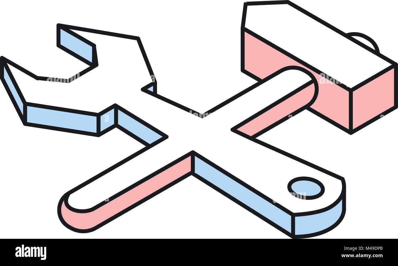Schraubenschlüssel und Hammer lineare isometrische Symbol. Vektor Cartoon Illustration Stock Vektor