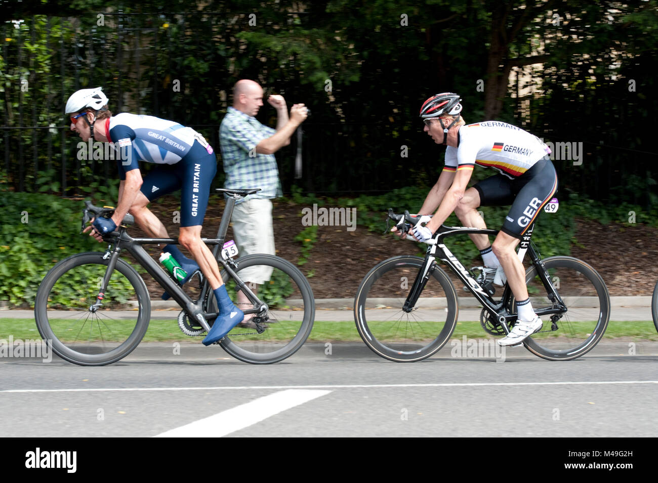 Olympischen Spiele 2012. Mens Straße Rennen. Epsom. 28.07.2012. Bradley Wiggins, British Tour de France Sieger, vor Stockfoto