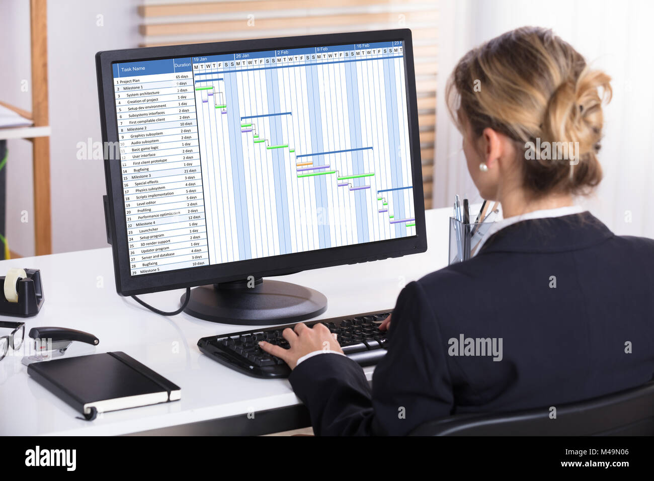 Nahaufnahme einer Geschäftsfrau, die Analyse des Gantt-diagramms auf Computer über Schreibtisch Stockfoto