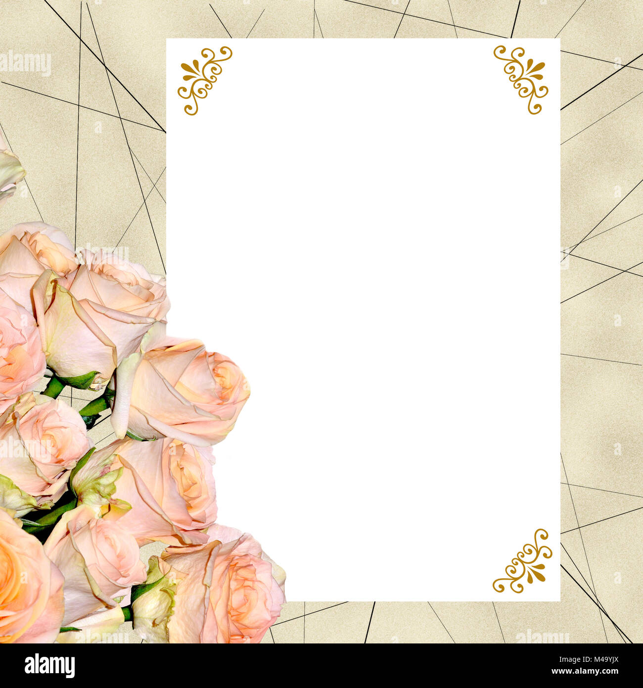 Vintage Hintergrund mit cremefarbenen Rosen und eine leere Karte Stockfoto