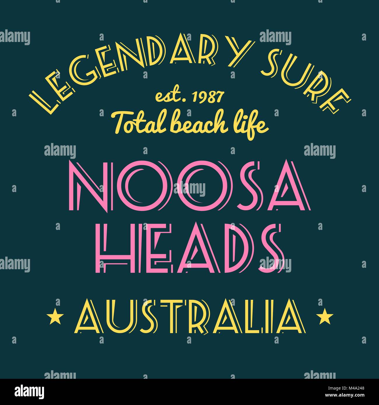 T-Shirt Druck design Vektor. Surfen Typografie t-shirt Projekt. Legendäre Surf - Noosa Heads, Australien. Stock Vektor
