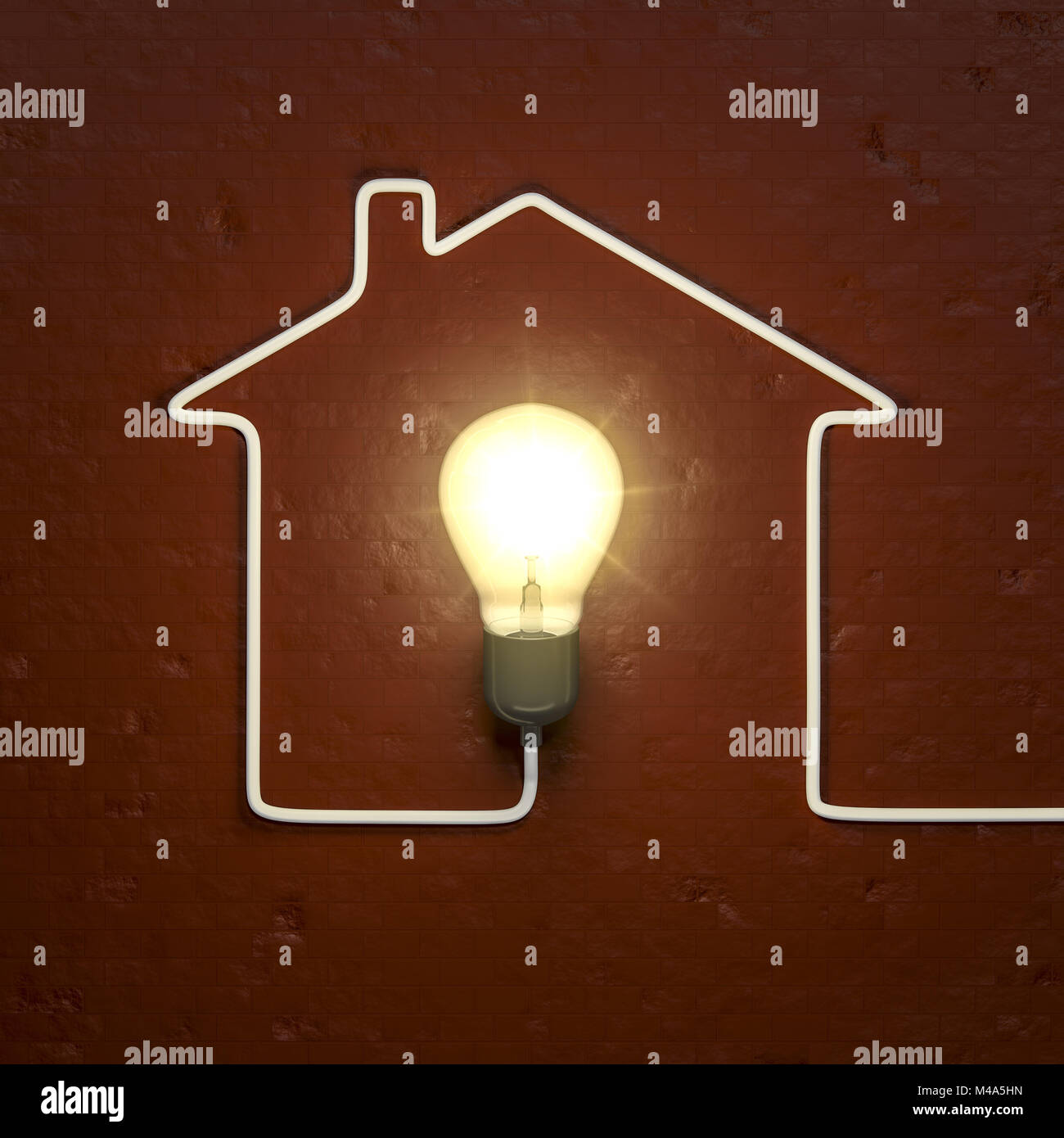 Eine Glühbirne, das Haus mit dem Kabel Stockfoto