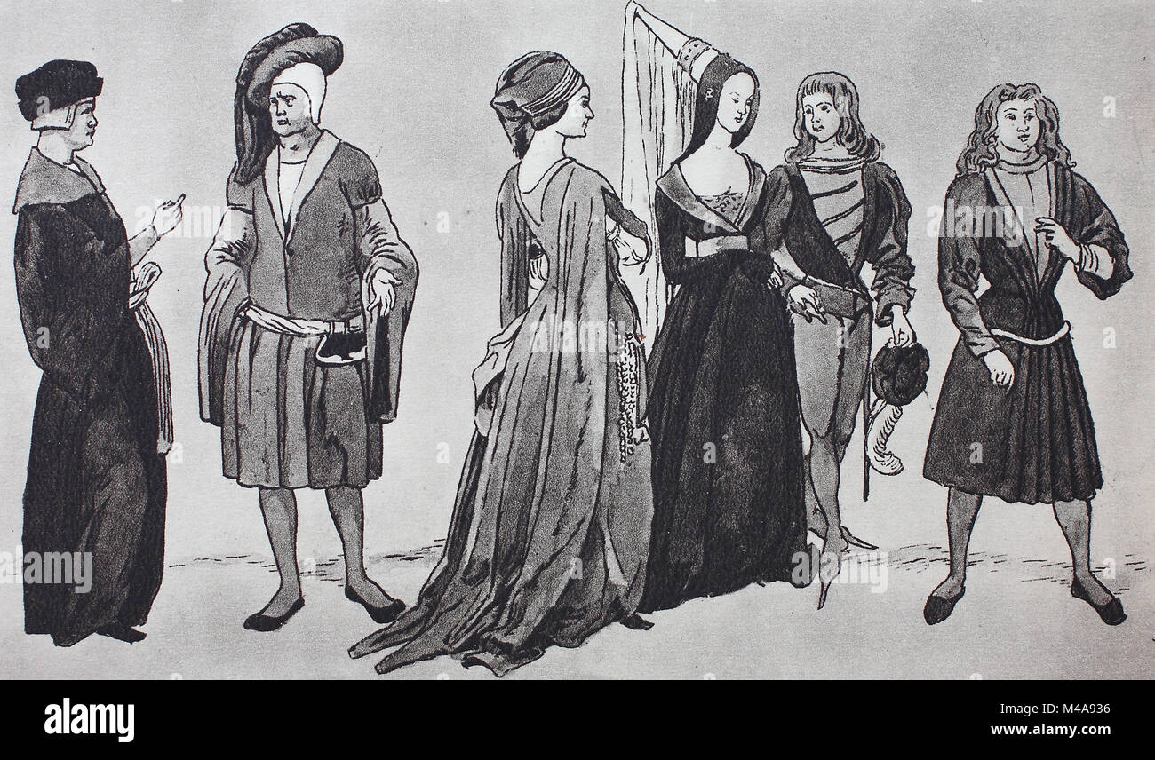 Mode, Kleidung in Deutschland im späten Mittelalter, 1475-1500, von links,  ein Gelehrter, ein edler Bürger, Teilnehmer in einem Ball Festival, digital  verbesserte Reproduktion aus einem Original aus dem Jahr 1900  Stockfotografie - Alamy