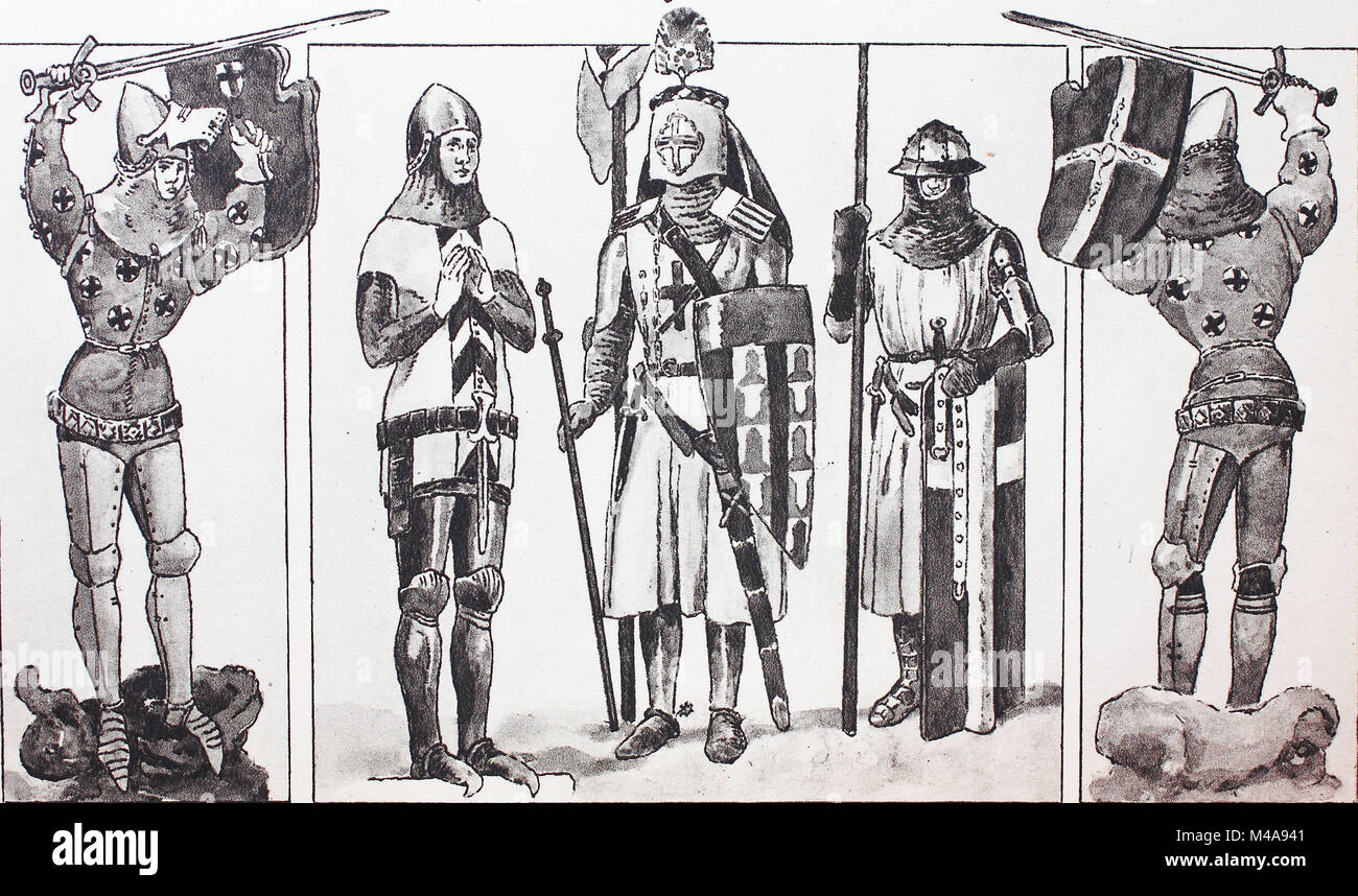 Mode, Kleidung, Burgundische Ritter im 14. Jahrhundert, zwei Burgundische Ritter, ein Ritter von Neuenburg, ein Knight banneret um 1300, um 1370 ein Ritter Rüstung, digital verbesserte Reproduktion aus einem Original aus dem Jahr 1900 Stockfoto