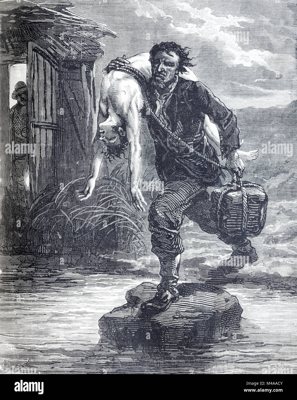 Mord oder Tod durch Ertrinken. Ein Mörder sucht, ein Mann im Meer ertrinken Band ihn zu einer schweren Boulder oder Stein Gewicht (Illustration, 1879) Stockfoto