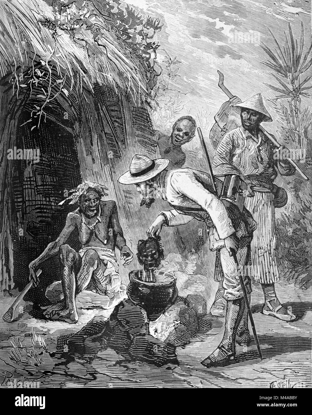 Indigene Cannibal oder Kannibalismus in Cayenne aka Guyana oder Französisch Guayana. Eine europäische Siedler, Koloniale oder Explorer entdeckt einen menschlichen Kopf Kochen in einem Kochtopf im Amazonas oder südamerikanischen Dschungel (Gravur, 1880) Stockfoto