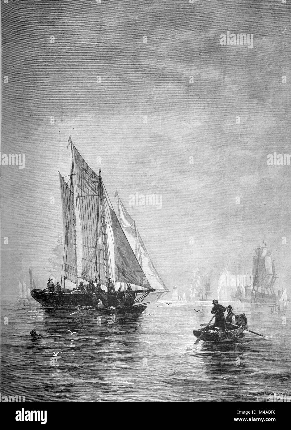 Segelschiffe und Nebel in New York Bay United States (Gravur, 1880) Stockfoto