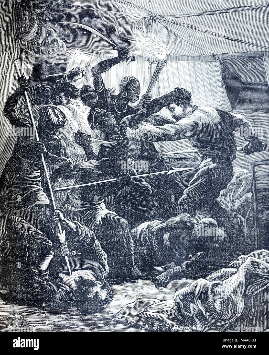 Linant de Bellefonds (1799-1883), französischer Entdecker und sein Team Griffen in Eygyt von wütenden Einheimische. Bellefonds, auch bekannt als Linant Pacha oder Linant Pascha, war leitender Ingenieur des Suezkanals (Gravur, 1880) Stockfoto