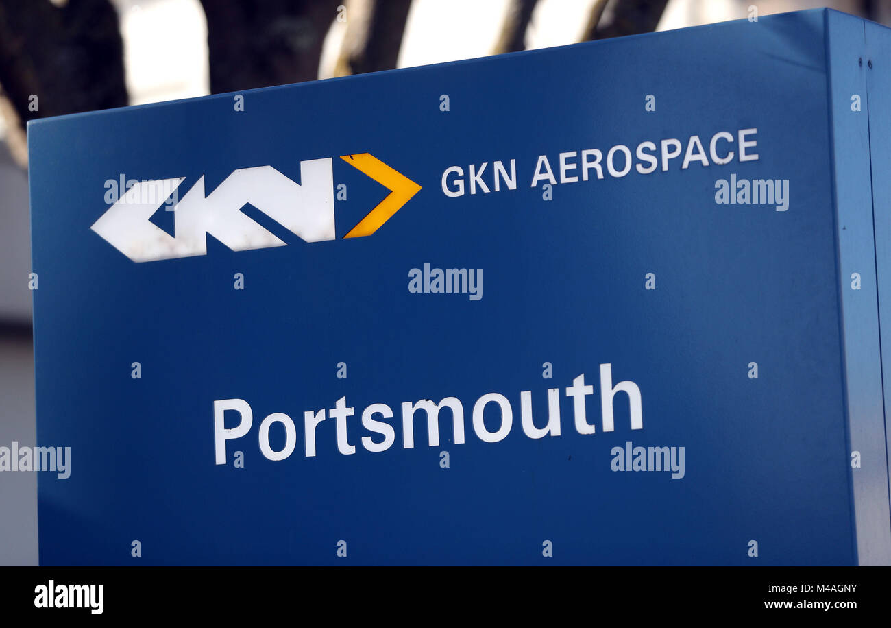 Ein Zeichen für GKN Aerospace in Portsmouth, Hampshire, wie das Unternehmen an die Aktionäre schrieb, um vor dem "völlig opportunistischen" Übernahmeangebot von Melrose zu warnen, dass sein unerfahrenes Management-Team und sein kurzfristiges Geschäftsmodell für das Unternehmen "unangemessen" seien. Stockfoto