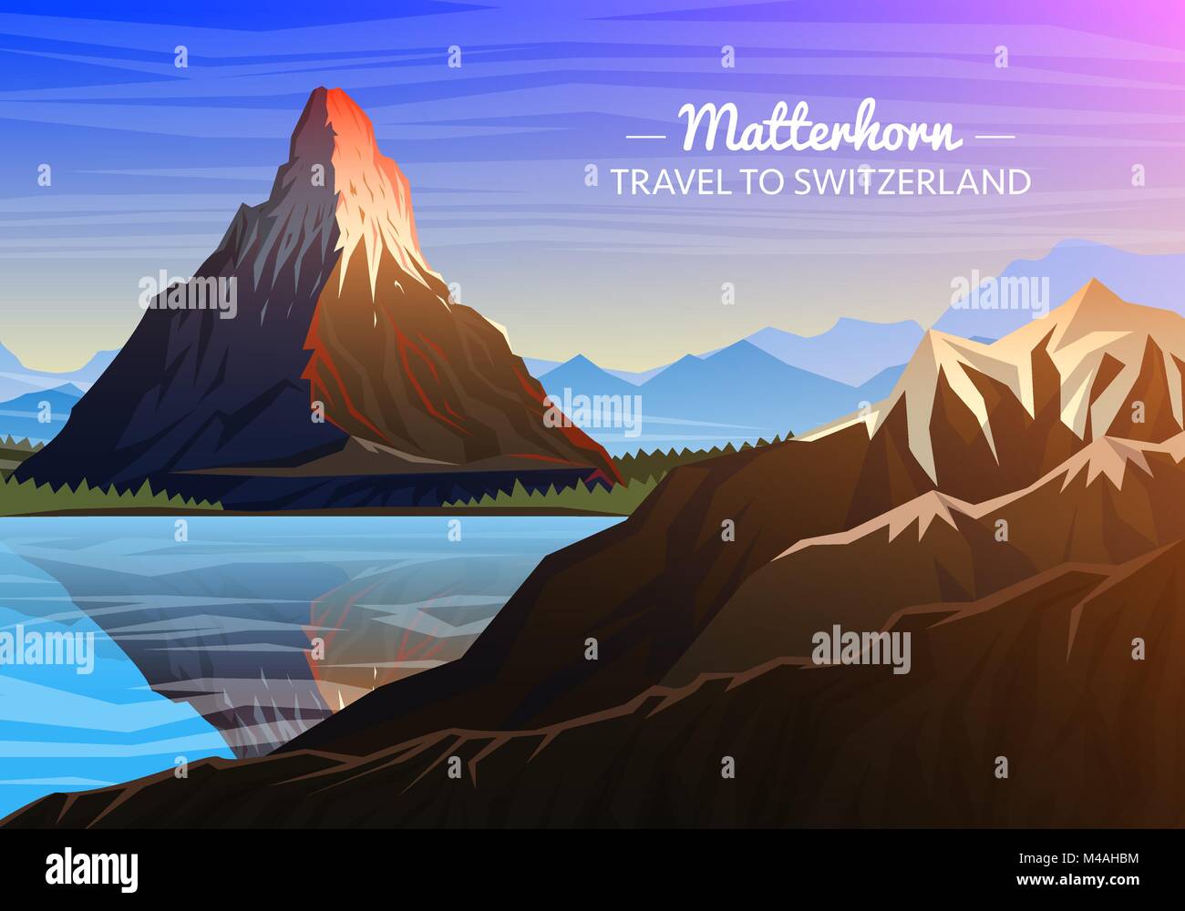 Berge Matterhorn, abendliche Panorama von Peaks mit Wasserfall, Landschaft in einem frühen Tageslicht. Reisen oder Camping, Klettern. Outdoor Bergkuppen, Zermatt, Schweiz, Wallis. Stock Vektor