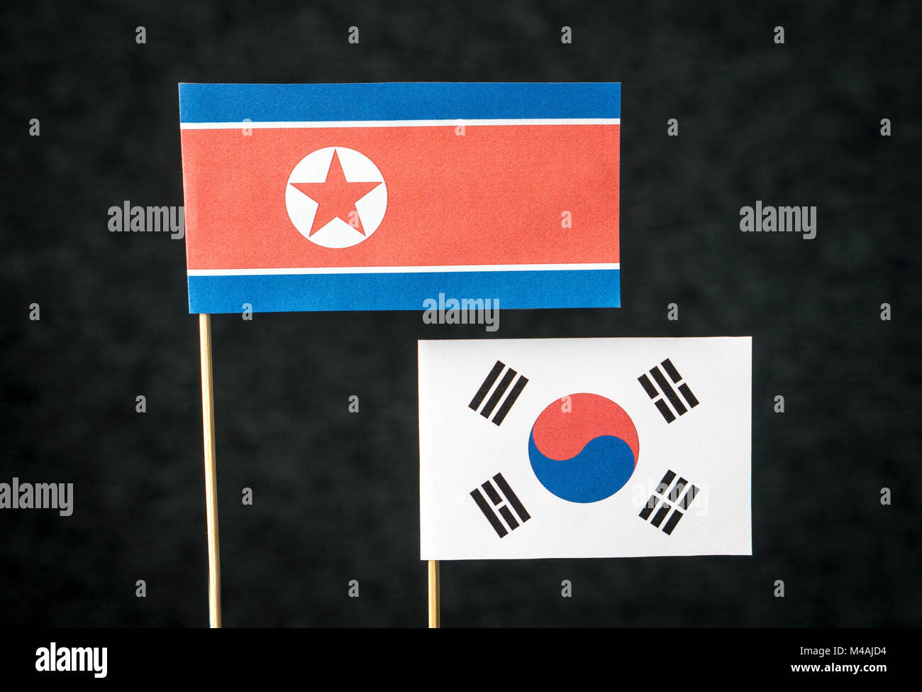 Die Fahne von Nordkorea und Südkorea aus Papier auf Holz stick gegen den dunklen Hintergrund. Stockfoto