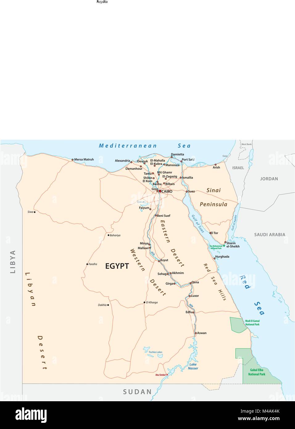 Straßen Vektorkarte der Arabischen Republik Ägypten Stock Vektor