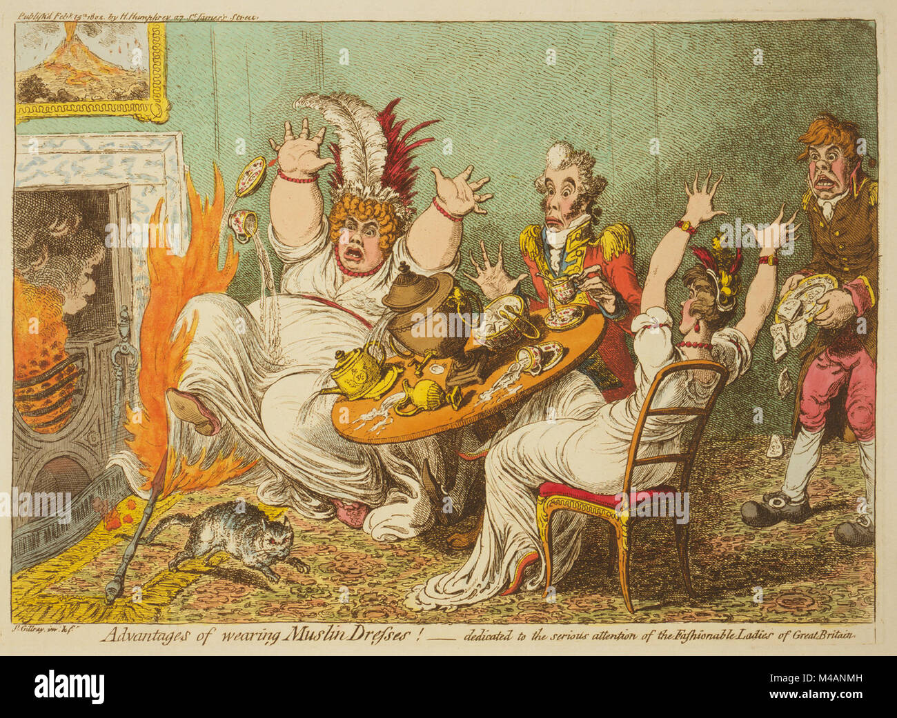 Vorteile des Tragens musselin Kleider! Von James Gillray veröffentlicht 1802. Eine dicke Frau, sitzen mit ein Mann und eine Frau an einem Tisch, reagiert mit Entsetzen, wie eine heiße Poker von der Feuer auf ihr Kleid fällt und setzt sie in Brand. Der Mann sitzt hilflos, während die zweite Frau bringt die Tabelle in Ihren Alarm. Ein Butler, den Raum betreten, fällt eine Platte von Muffins und eine Katze scampers vom Feuer. Ein Gemälde von Mt. Vesuv hängt über dem Kamin. Stockfoto