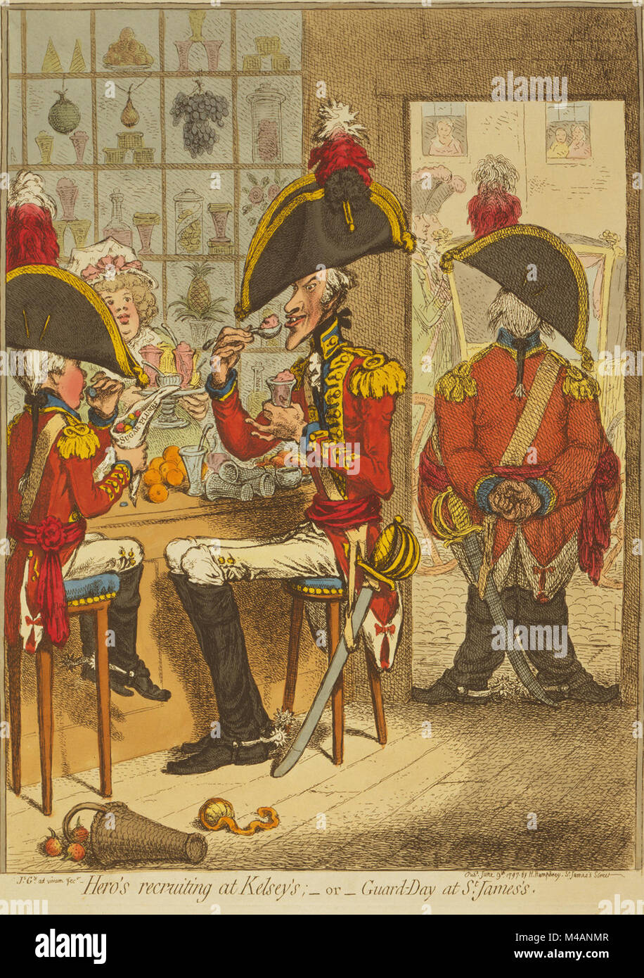Hero Recruiting bei Kelsey's; - oder - Guard-Day am St. James's von James Gillray veröffentlicht 1797. Zwei Offiziere, die auf eine große, schlaksige, älterer Mann und das andere ein Kind, sitzen einander gegenüber Süßigkeiten essen in einer Konditorei. Ein dritter Offizier, Fett und Knock-Kneed, wacht in der Tür. Die Fenster der Shop sind voll von verschiedenen Obst und Süßigkeiten. Stockfoto
