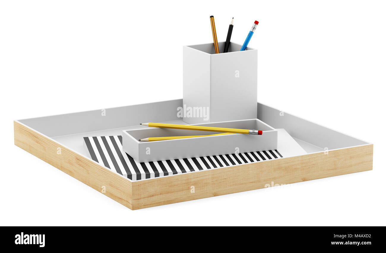 braune Stifthalter mit Office liefert isolierten auf weißen Hintergrund Stockfoto