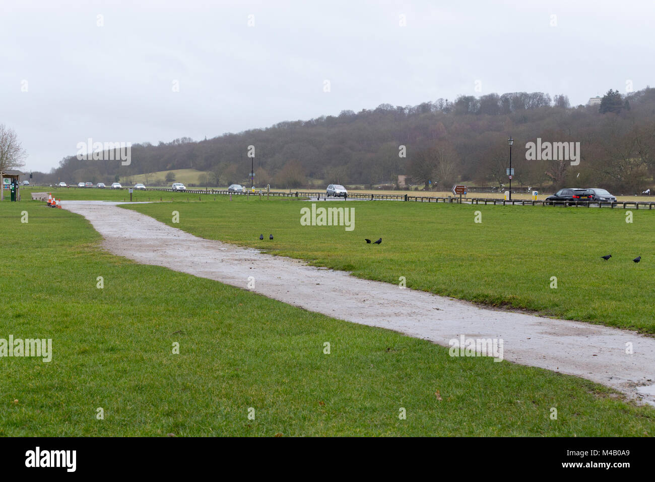 Die Themse und Runnymede Wiese / Flut schlicht an einem kalten feuchten grauen Wintertag / Wintertag, mit schlammigen Pfad / Fuß Weg. Runnymede, Surrey. VEREINIGTES KÖNIGREICH. Stockfoto