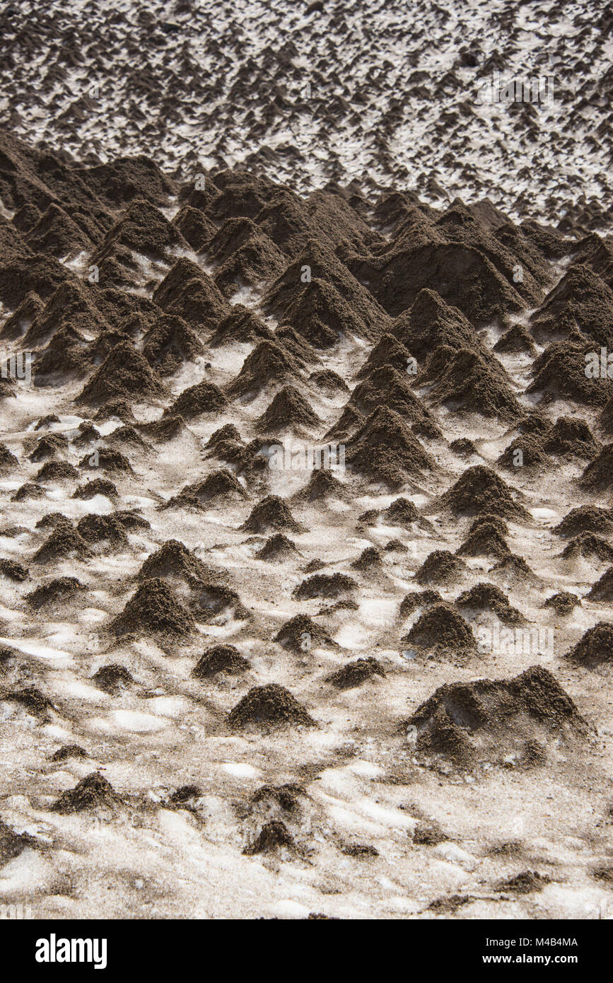 Wenig sand Dämme auf einem Gletscher Feld am Mutnovsky Vulkan, Kamtschatka, Russland Stockfoto