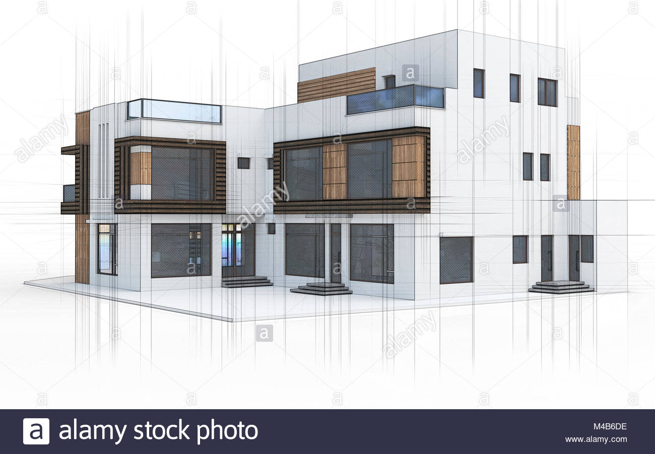 3d Technische Zeichnung Haus Villa Auf Einem Weissen Hintergrund