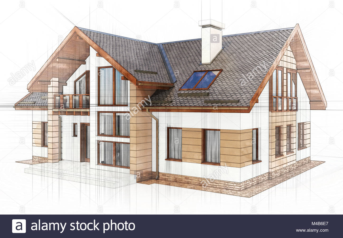 3d Technische Zeichnung Haus Villa Auf Einem Weissen Hintergrund