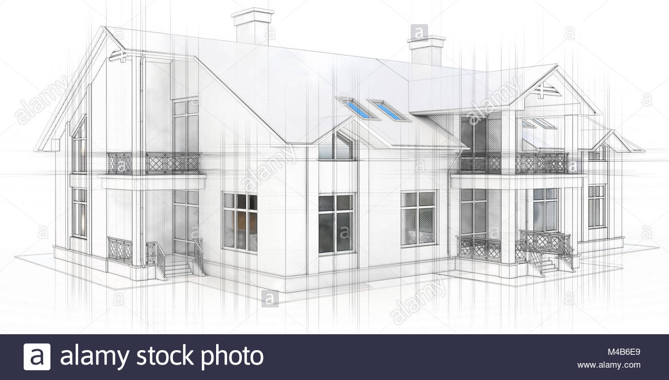 3d Technische Zeichnung Haus Villa Auf Einem Weissen Hintergrund