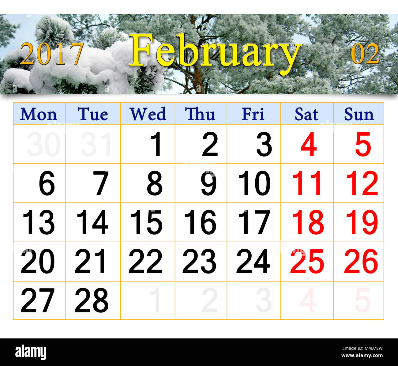 Kalender für Februar 2017 mit Verzweigung von Schnee bedeckt Stockfoto